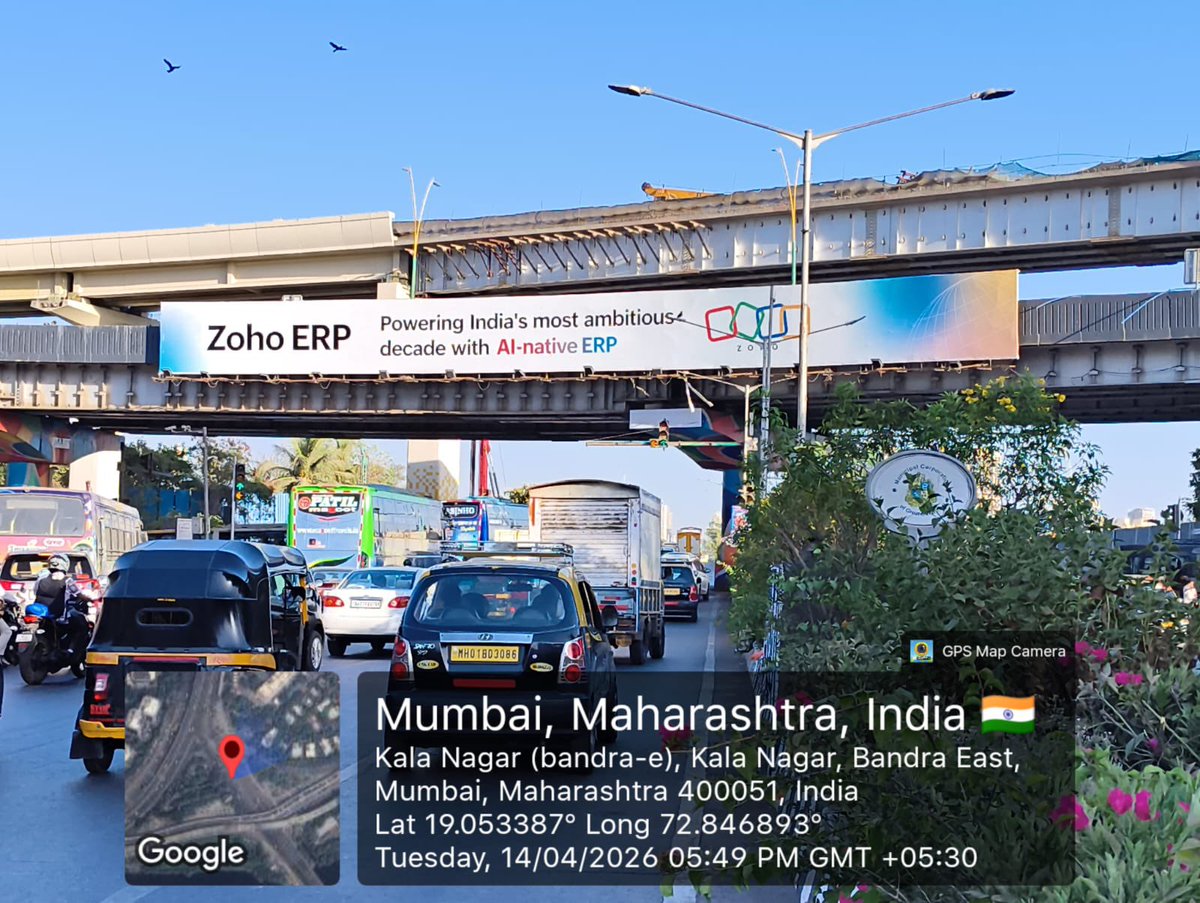 bpkalia's tweet photo. “Times of India report dated 11/05/2026 has raised serious concerns regarding uncontrolled advertisement policies, light pollution and public safety. Authorities must act before another tragedy like the Ghatkopar hoarding collapse shocks Mumbai again.

The two massive hoardings installed on the FOB/bridge structure at BKC Kala Nagar Junction, Bandra East, Mumbai 400051, as visible in the GPS-tagged images, appear to raise serious questions regarding structural safety, permissions, traffic distraction and compliance with railway/MMRDA/BMC norms.

I urge @mybmc @MMRDAOfficial @MumbaiPolice @MTPHereToHelp @CMOMaharashtra @mybmcWardHE @richapintoi and @Zoho @ZohoERP concerned departments to immediately inspect and remove these alleged illegal hoardings if found unauthorized, and register appropriate legal action against all responsible persons, agencies and beneficiary companies involved in permitting or displaying such risky structures over public roads before any major accident occurs.”