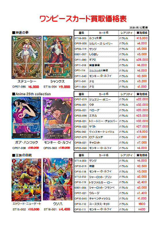 ワンピースカードの買取価格表を更新いたしました。 皆様のご来店を