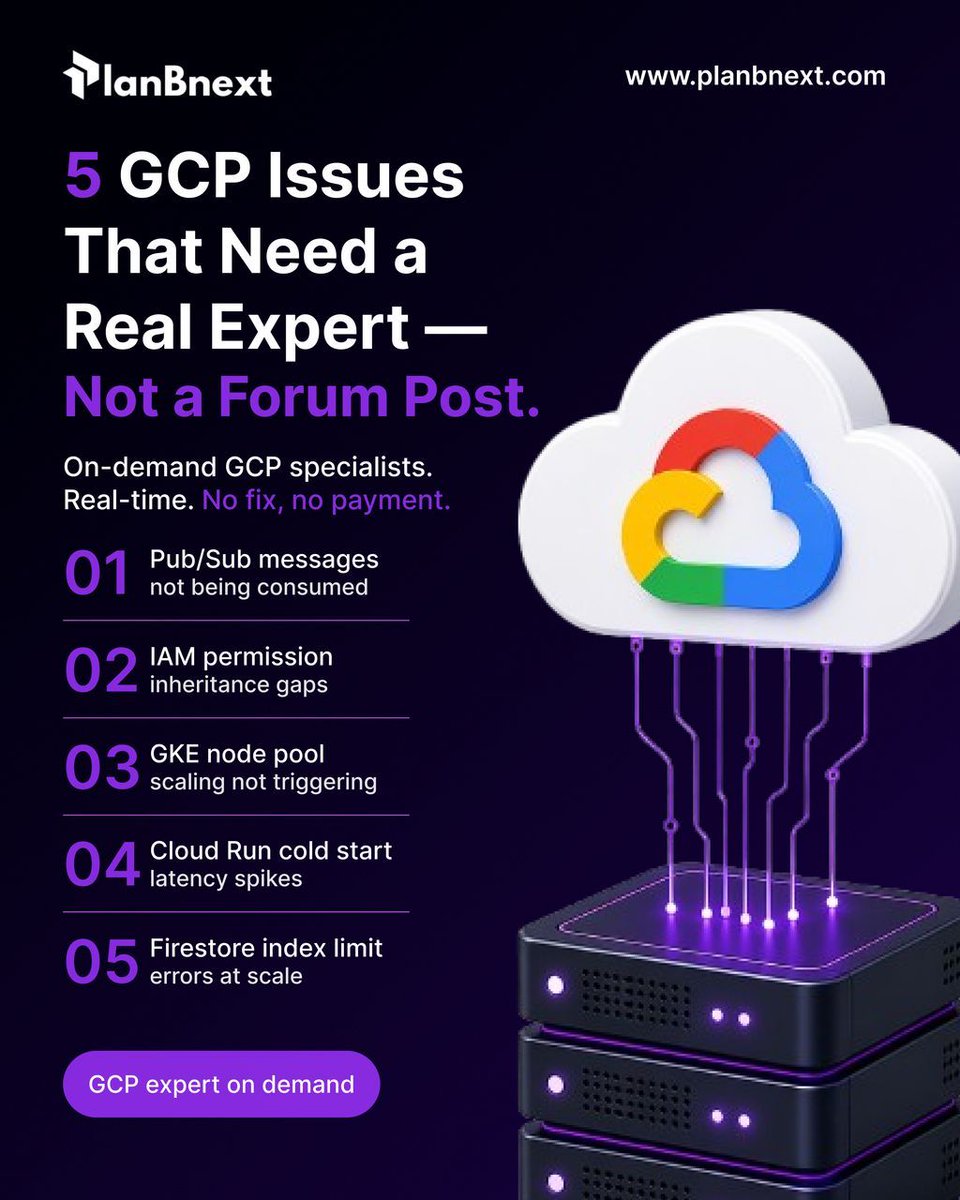 planBnext's tweet photo. GCP issues that forums can't fix
You don't need another thread.
You need a verified GCP expert — right now.
No fix? You don't pay.
🔗 https://t.co/j4jGbRLGxB

#GCP #GoogleCloud #DevOps #CloudComputing #GKE #OnDemandIT #PlanBnext https://t.co/vJjbytSShh