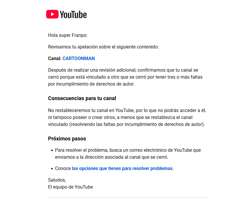 Franpo232's tweet photo. @TeamYouTube  Eso es falso. Mi canal Cratoonman nunca recibió ninguna falta de derechos de autor. Si hubiera existido una advertencia, debería haber llegado a mi correo o aparecer en mi cuenta, pero no recibí absolutamente nada. Simplemente cerraron el canal de manera repentina, https://t.co/QWXx7ETdTX