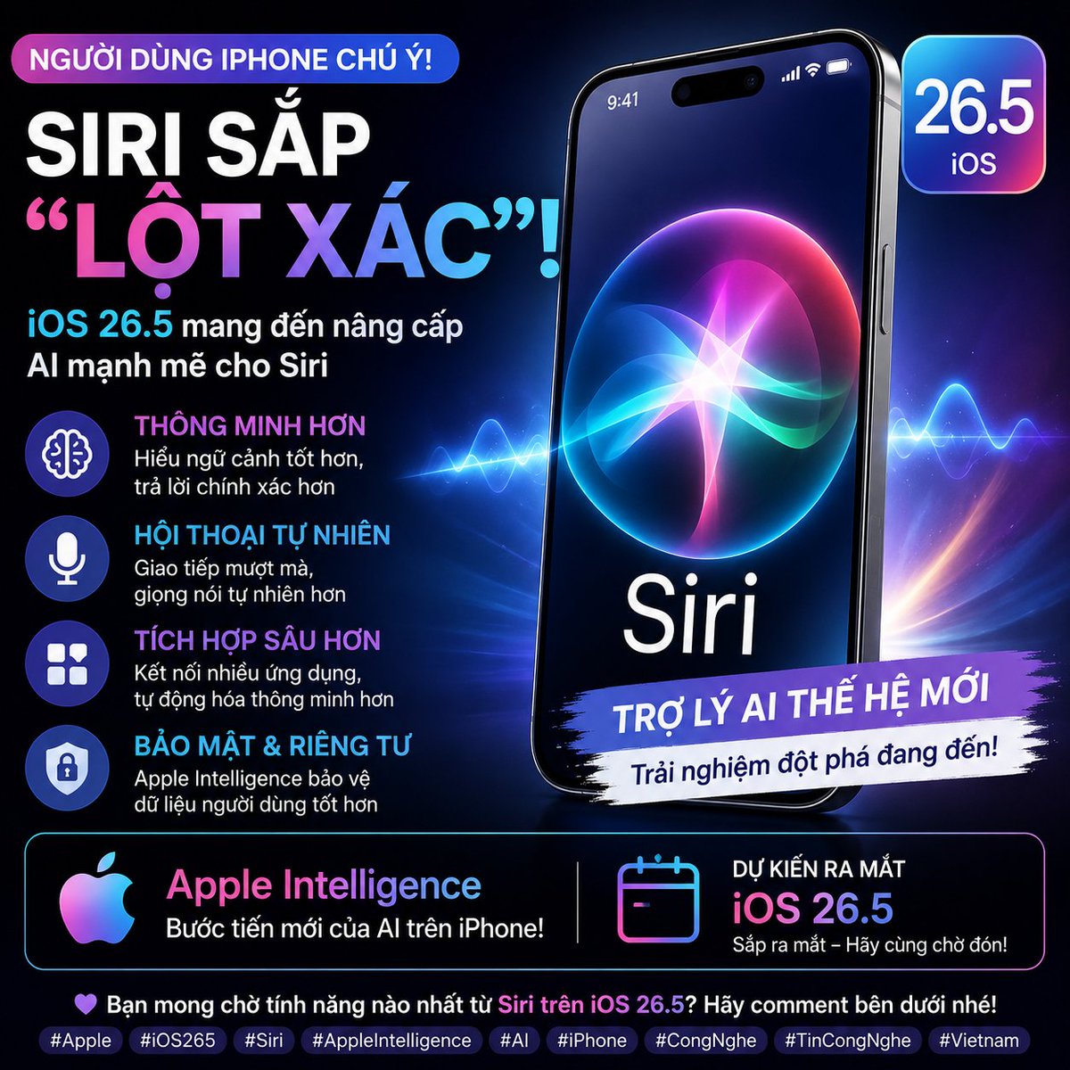 HanvietBridge's tweet photo. Siri trên iPhone sắp “lột xác” 
Apple đang chuẩn bị mang đến bản nâng cấp AI mạnh mẽ cho Siri trong iOS 26.5.
Người dùng iPhone tại Việt Nam đang cực kỳ háo hức với trợ lý AI thế hệ mới! 

Bạn mong chờ tính năng nào nhất? 

#Apple #iPhone #Siri #iOS265 #AppleIntelligence #AI #CongNghe #TinCongNghe #iPhoneVietnam #VietnamTech #TechNews #iOSUpdate #Smartphone #AIAssistant #VietnamTrending