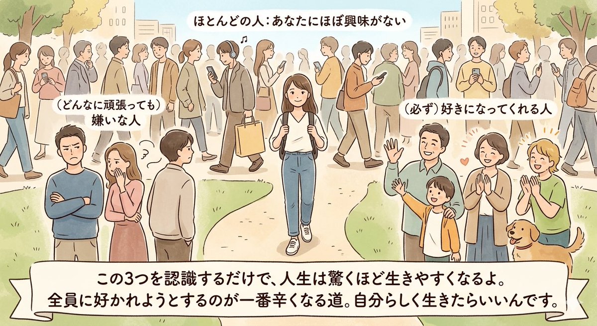 あなたがどんなに頑張っても嫌いな人は必ずいる。でも必ず好きになってくれる人もいる。そしてほとんどの人は、あなたにほぼ興味がない。

この3つをきちんと認識するだけで、人生は驚くほど生きやすくなるよ。全員に好かれようとするのが一番辛くなる道。自分らしく生きたらいいんです。