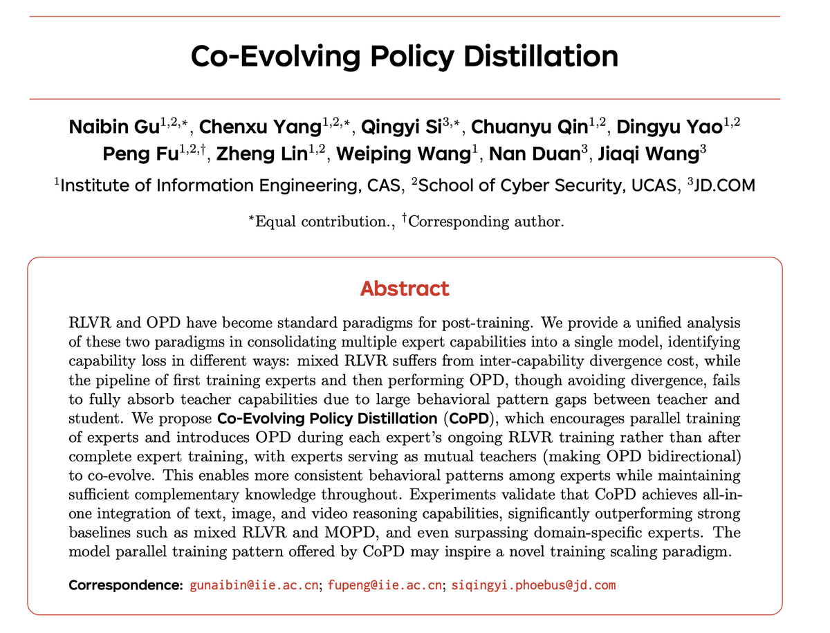 rronak_'s tweet photo. New OPD paper!
On-policy distillation is powerful for merging several distinct RLVR runs of a model without conflict.

But, this is process is currently quite lossy, because of the large distribution shift between the "experts" and the unified model. This paper CoPD proposes that the student and teacher jointly improve, so that their distributions stay close together, but still maintain stable merging.

Really interesting results, and unique approach.