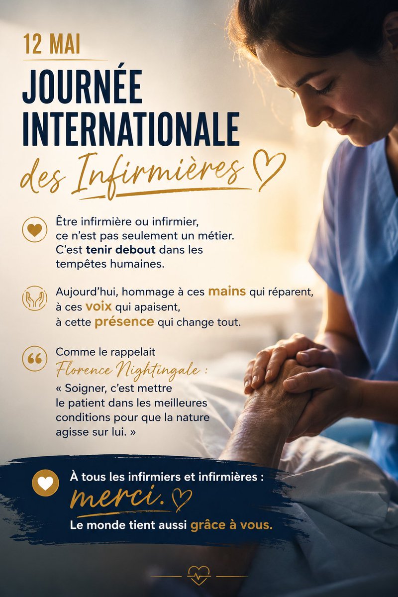 FrancazalJ's tweet photo. 12 mai.  
Journée internationale des infirmières.

À celles et ceux qui avancent quand les autres dorment.  
Qui portent la fatigue en silence, mais continuent malgré tout.  
Qui rassurent, soignent, écoutent… parfois bien au-delà des soins.

À tous les infirmiers et infirmières : merci.  
Le monde tient aussi grâce à vous.

#JournéeInternationaleDesInfirmières #Infirmiers #Infirmières #12Mai #Santé #fni