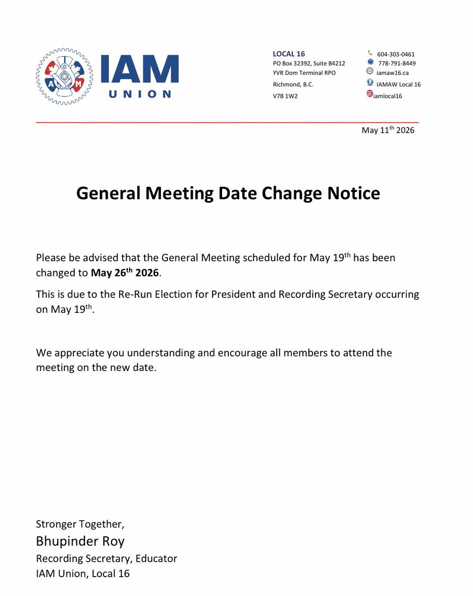 iamll16's tweet photo. SECURE AVIATION TRANSPORT LOCAL 16 – General Meeting Date Change Notice https://t.co/zb5glz1rXC #IAM #union #canada #D140 #L16 #labour #GM https://t.co/vpEfasD6EK