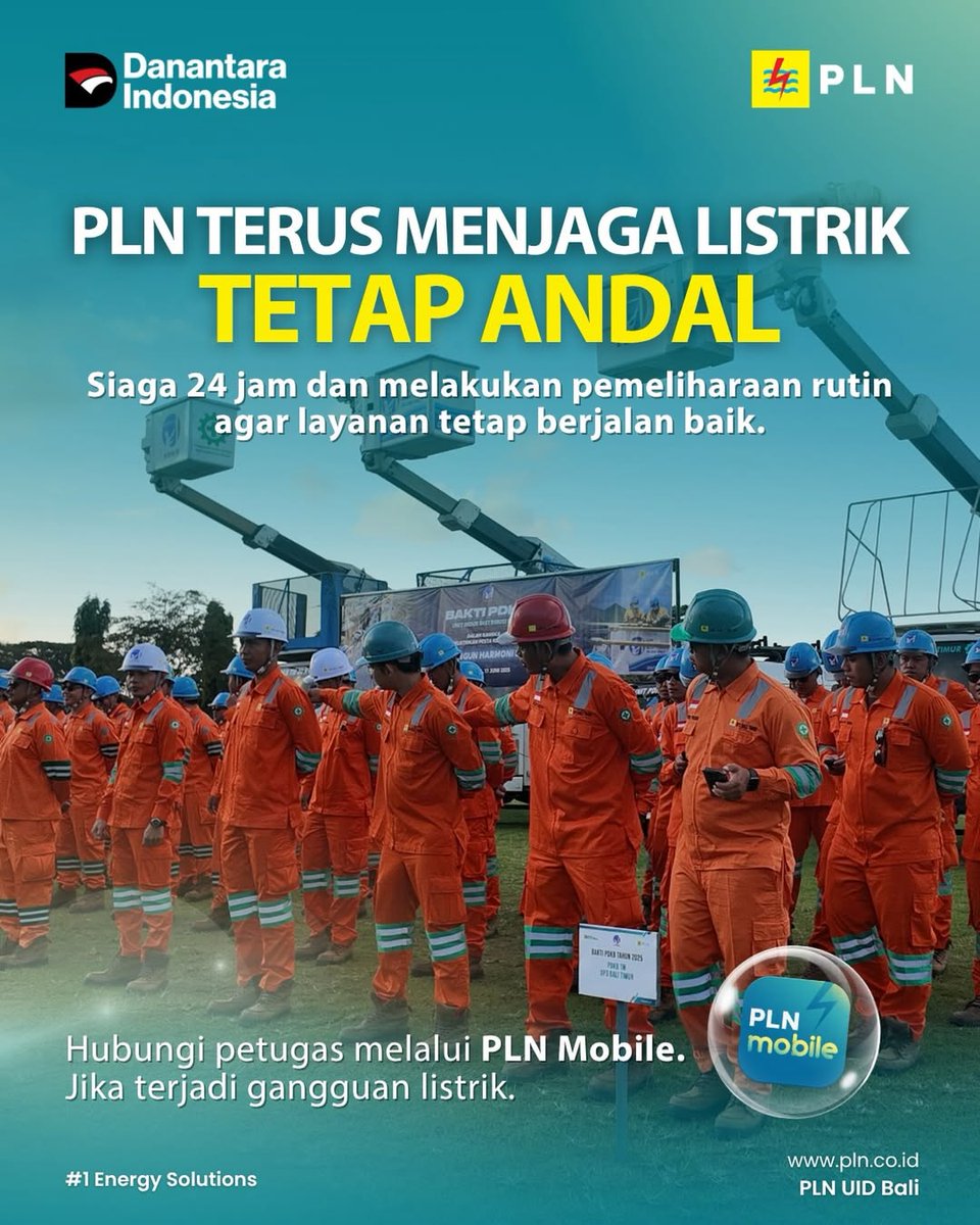 JoviJava41743's tweet photo. PLN terus siaga 24 jam dan melakukan pemeliharaan rutin untuk menjaga listrik tetap andal bagi masyarakat. ⚡

Jika terjadi gangguan listrik, laporkan dengan mudah melalui PLN Mobile. 📲

#PLN #PLNMobile #PLNUIDBali #SemuaMakinMudah #MelayaniSepenuhHati https://t.co/HEzsvhcwRG