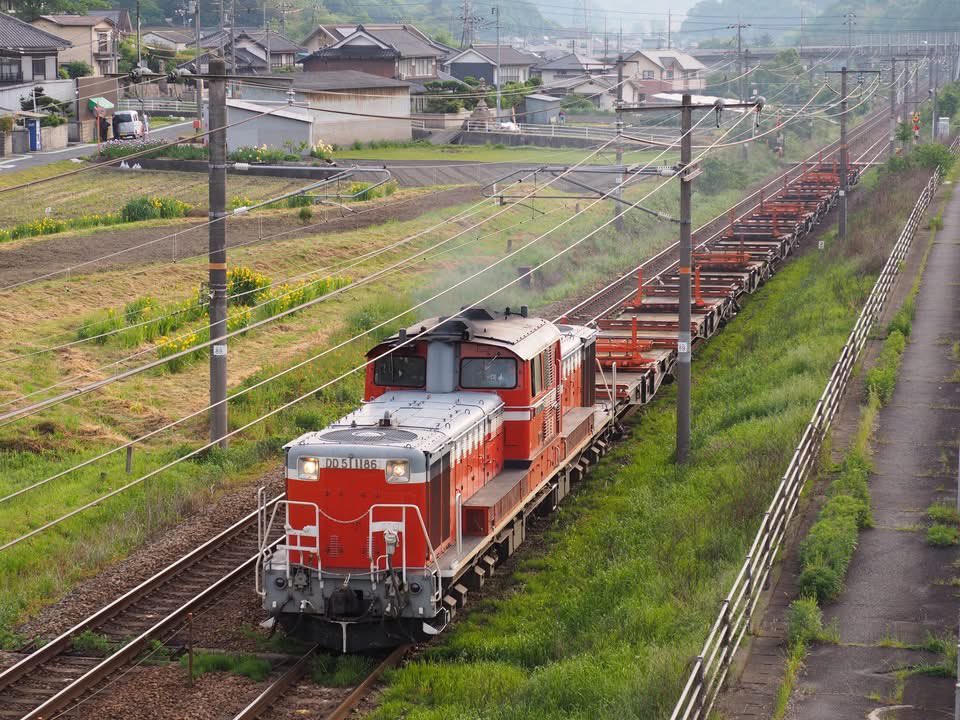 今朝の朝練も笠岡→大門の県境へ。DD51が山陰方面から東福山駅にチキを