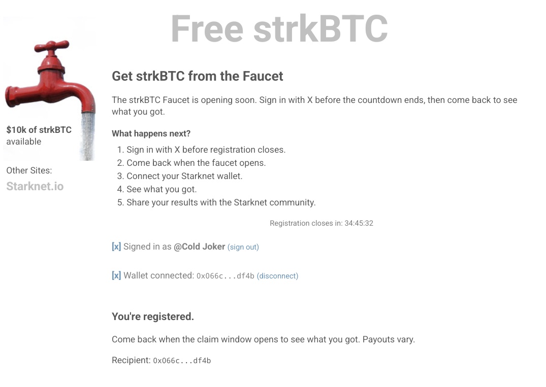 Cold_joker_1's tweet photo. Go  claim free $strkBTC on @Starknet 🪂

Starknet recently launched the $strkBTC faucet campaign with $10k worth of $strkBTC available for users.

Get started:

>> Go to: https://t.co/k8o4zLcxKt

>> Sign in with your X account

>> Connect your @XverseApp wallet

>> Complete registration

Done.

Important:
>> Registration does NOT guarantee allocation
>> Distribution is random
>> Early users may have better chances
>> X accounts with stronger activity/reputation may weigh more

Why this exists:
Starknet is referencing the original Bitcoin Faucet created by Gavin Andresen in 2010, which distributed thousands of BTC to bootstrap adoption.

Requirements:
➜ X account
➜ Xverse wallet

Registration closes soon, so try your luck before it ends.

@XOOBNetwork ✌️