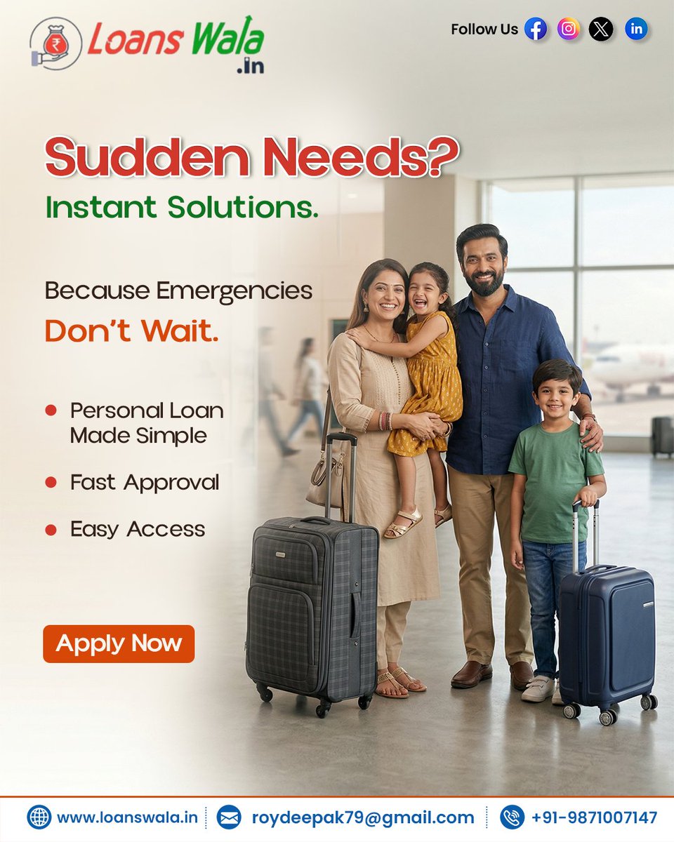 Loanswala's tweet photo. Unexpected expenses can arise anytime, but you don’t have to pause your plans. Get quick, hassle free personal loans with fast approvals and easy access. Whether travel, emergencies, or dreams, we’ve got you covered. Apply today and move forward with confidence and peace of mind. https://t.co/zfSpdZDm2E