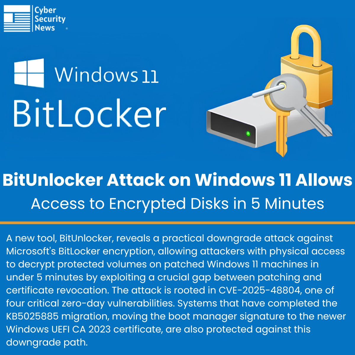 ⚠️ BitUnlocker Attack on Windows 11 Allows Access to Encrypted Disks in 5 Minutes 

Source: cybersecuritynews.com/bitunlocker-do…

A new tool, BitUnlocker, reveals a practical downgrade attack against Microsoft's BitLocker encryption, allowing attackers with physical access to decrypt