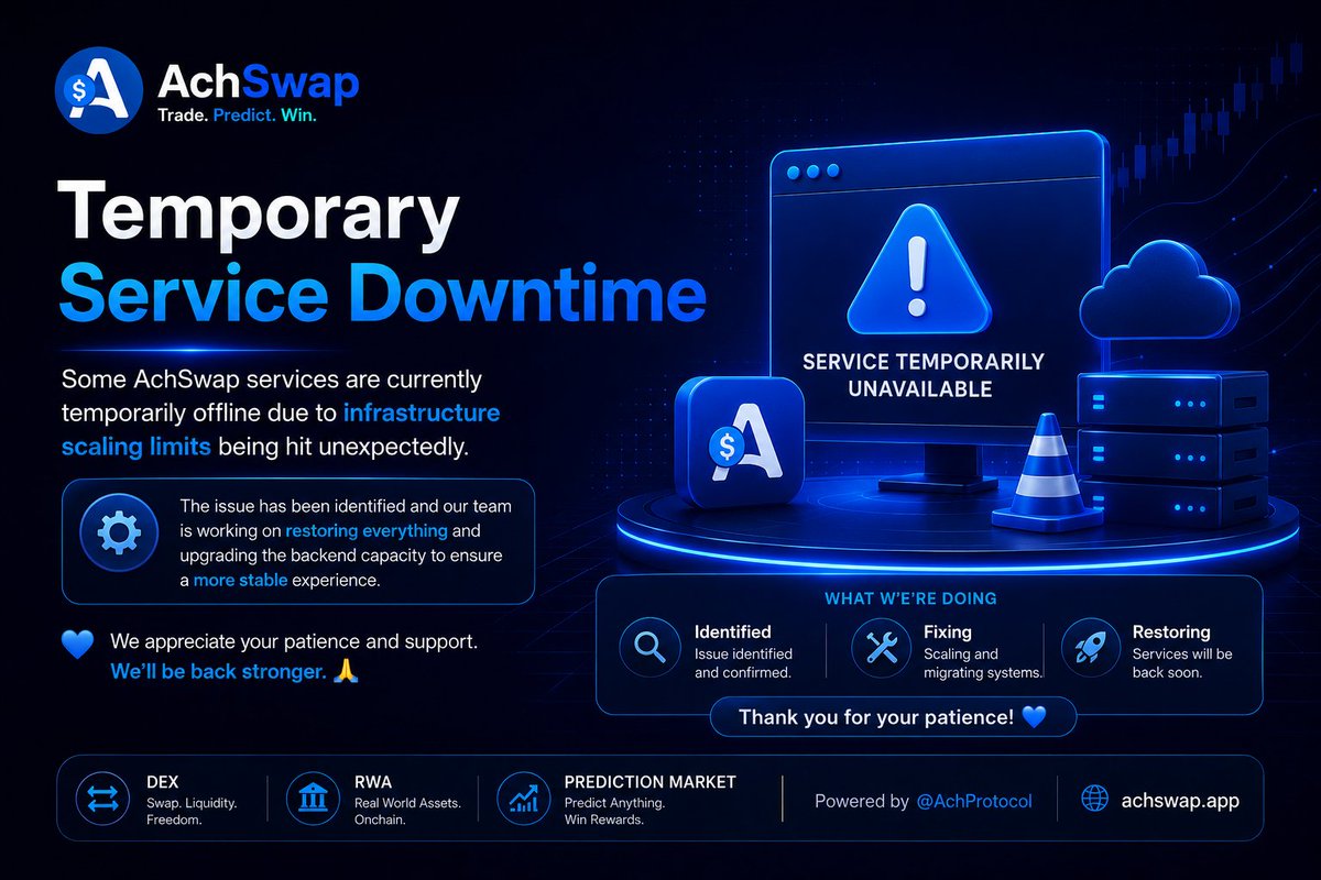 AchProtocol's tweet photo. Some AchSwap services are currently temporarily offline due to infrastructure scaling limits being hit unexpectedly.

We’re already working on restoring everything and upgrading the backend capacity to prevent this going forward.

Appreciate the patience 🤝 https://t.co/Up15gfXPOS