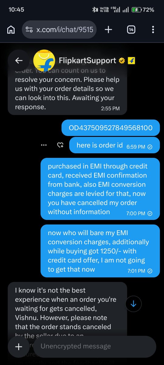 vishnu9933's tweet photo. @Flipkart @Flipkartsupp0rt @_Kalyan_K   didn’t expect dis level of understanding frm support team,raised query asked who is responsible for EMI conversion charges levied by the bank for canceled order, responded stating that the issue has already resolved,without adresing concern https://t.co/j72Nvp04Ak