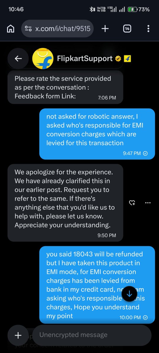 vishnu9933's tweet photo. @Flipkart @Flipkartsupp0rt @_Kalyan_K   didn’t expect dis level of understanding frm support team,raised query asked who is responsible for EMI conversion charges levied by the bank for canceled order, responded stating that the issue has already resolved,without adresing concern https://t.co/j72Nvp04Ak