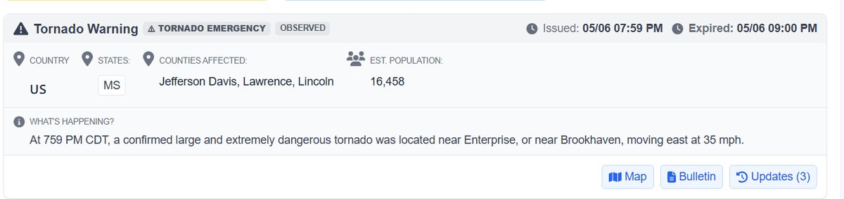 idk if its just the site im using, but apparently the last tornado warning was a tornado emergency a couple days ago
