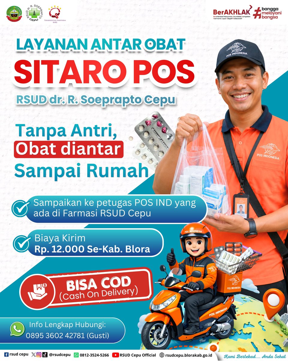 rsudcepu's tweet photo. 💊 Males antri obat? Tenang, sekarang di RSUD Cepu ada layanan SITARO POS 🛵✨

Obat diantar sampai rumah, praktis tanpa perlu antri 🤩

Yuk manfaatkan layanan ini biar lebih nyaman dan hemat waktu 🙌

📞 Info lengkap hubungi: 0895 3602 42781 (Gusti)

#RSUDCepu #AntarObat #Blor https://t.co/ojiVyrZsAN