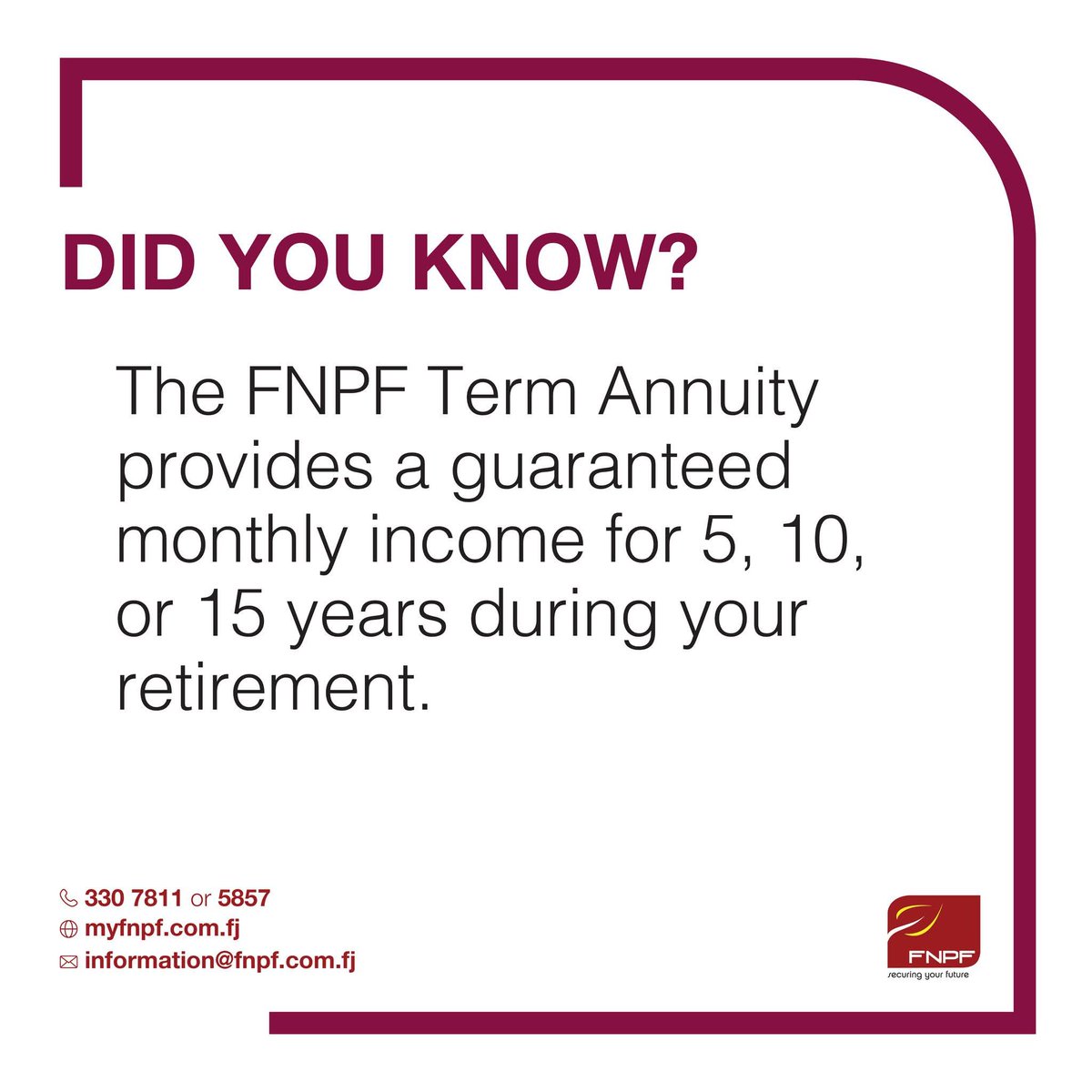 MyFNPF's tweet photo. 💡 Enjoy the retirement you’ve worked so hard for—on your terms.
With a Term Annuity, turn your savings into a steady, reliable income for a period that suits your priorities—giving you comfort, flexibility, and peace of mind along the way. https://t.co/KkLXqL9kGx