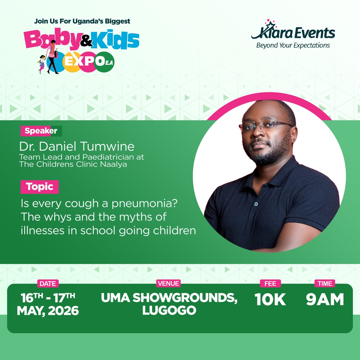 BabyKidsExpoEA's tweet photo. We know how stressful it gets when your child keeps falling sick. That's why we've brought in @DrDanielTumwine to help you separate fact from fiction when it comes to your child's health.
Don't miss the #BabyAndKidsExpo26
📍 UMA Showgrounds
📅 16th–17th May 
🎟️ 10K
 #KiaraEvents https://t.co/pVgB9JAgmg