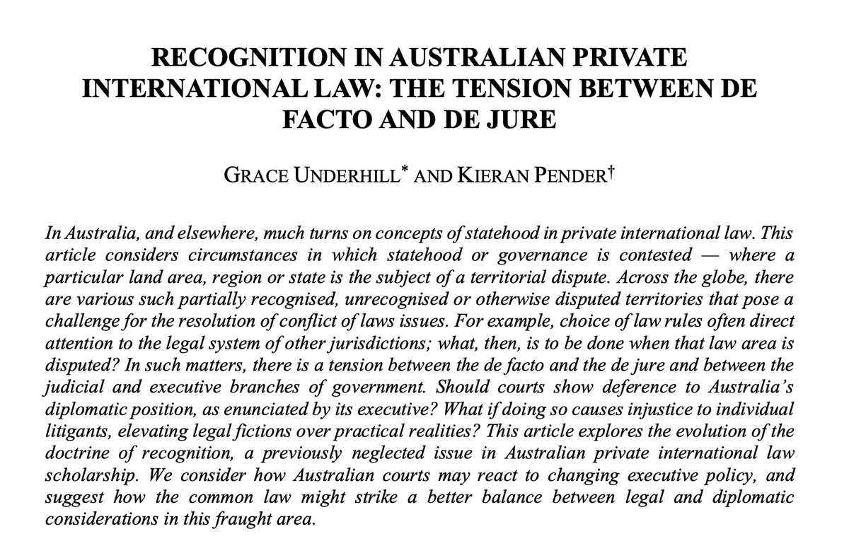 MelbJIL's tweet photo. Grace Underhill and Kieran Pender's (@KieranPender) article, 'Recognition in Australian Private International Law: The Tension between De Facto and De Jure', is now available as an advance copy for Volume 26(2) at: https://t.co/iauOlvsy2w https://t.co/5liVt7I6QI