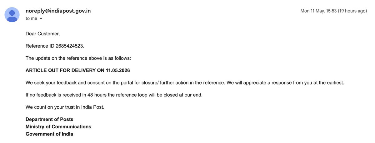 extragravypls's tweet photo. @IndiaPostOffice IndiaPost is avoiding paying compensation to citizens for such violations. The email (image) is a no-reply ID &amp; the portal has no way to add a reply or comments and only allows you to "Closure Confirmation". The case closes in 48hrs &amp; all claims are invalid thereafter! @DARPG_GoI https://t.co/7SdrocG6Sd