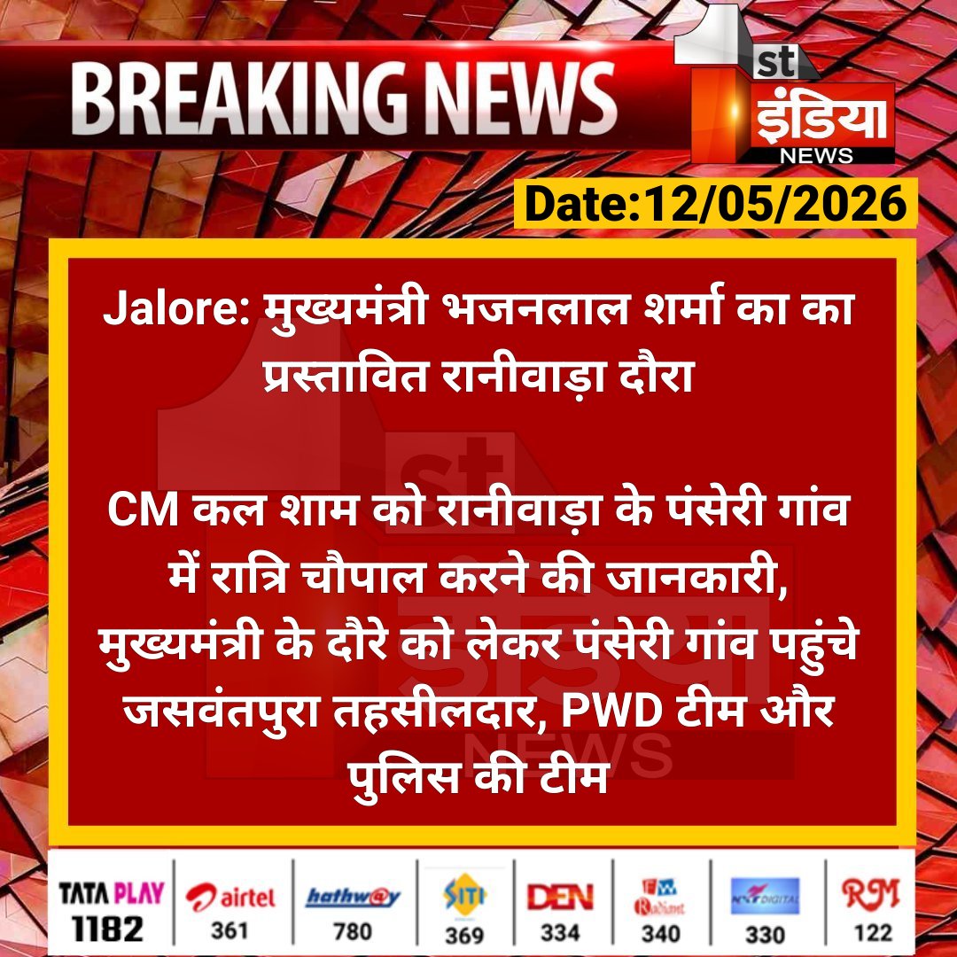 1stIndiaNews's tweet photo. #Jalore: मुख्यमंत्री भजनलाल शर्मा का का प्रस्तावित रानीवाड़ा दौरा

CM कल शाम को रानीवाड़ा के पंसेरी गांव में रात्रि चौपाल करने की जानकारी, मुख्यमंत्री के दौरे को लेकर पंसेरी गांव...

#RajasthanWithFirstIndia @BhajanlalBjp @JalorePolice https://t.co/7SnbZPaA4D