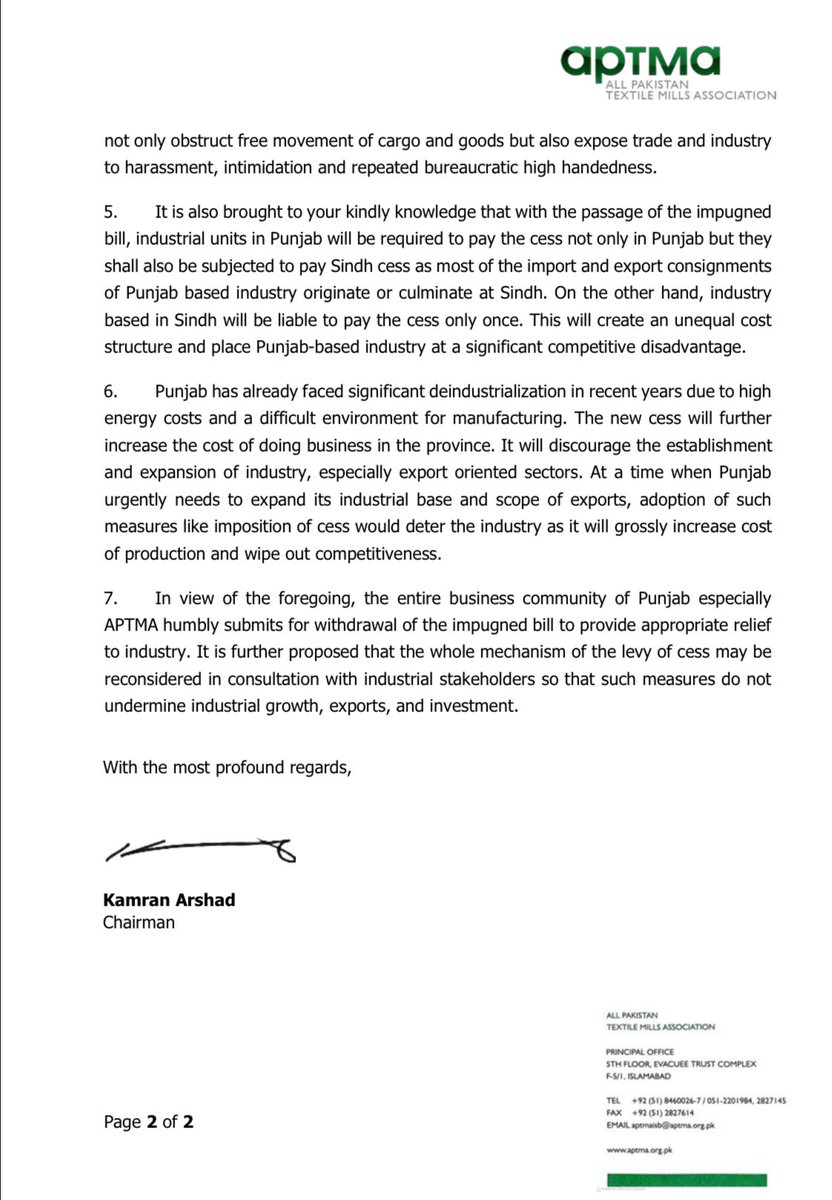 APTMAofficial's tweet photo. APTMA has expressed serious concerns over the Punjab Infrastructure Development Cess (Amendment) Bill 2026, warning that the proposed 0.90% cess on goods at multiple stages of import, manufacturing and export could severely damage Punjab’s export competitiveness, increase the cost of doing business, and accelerate deindustrialization.

Punjab-based exporters already face high energy and financing costs. Additional cascading levies and enforcement mechanisms risk pushing more industry out of global markets and placing Punjab industry at a disadvantage versus other provinces.

APTMA has urged the Government of Punjab to withdraw the bill and engage industry stakeholders in meaningful consultation to protect exports, investment and employment.

#APTMA #PakistanTextiles #Exports #Industry #Punjab