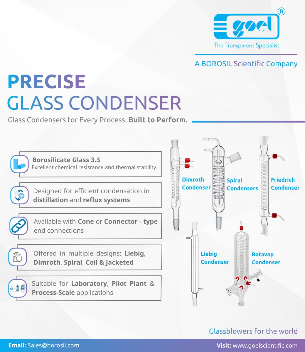 gsgwl's tweet photo. From Liebig to Dimroth and Spiral condensers, our precision-engineered #GlassCondensers deliver reliable performance for laboratory, pilot plant, &amp; industrial applications. Built with #BorosilicateGlass 3.3 for durability, thermal stability, &amp; efficient condensation. https://t.co/U7JXT6TIoW