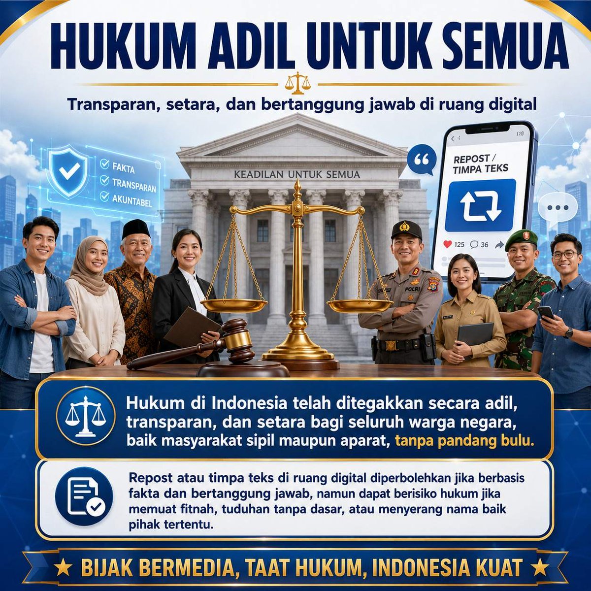 anditswow's tweet photo. Hukum yang ditegakkan di Indonesia mencerminkan keadilan untuk semua. Mari dukung transparansi dan kesetaraan demi terciptanya masyarakat yang lebih baik dan harmonis! https://t.co/6ebcZezTd0