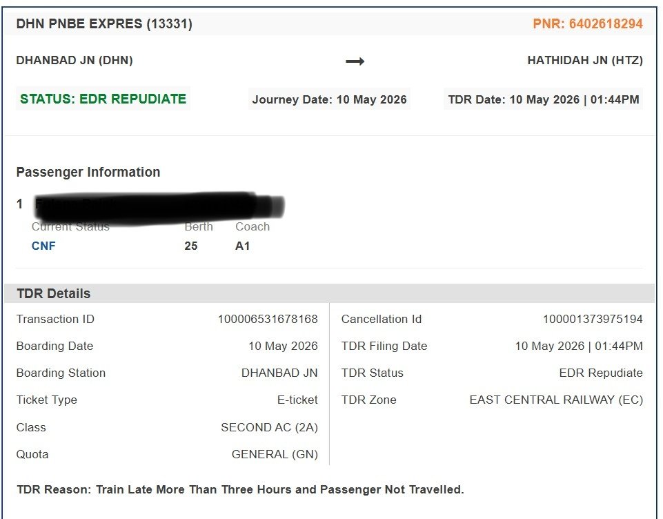 999arnavanand's tweet photo. What is the reason for this EDR repudiate? @RailwaySeva @RailMinIndia 
This train was more than 3 hrs late and passenger didn't travel as well then why am I not refunded? https://t.co/H5fEs9dMlg