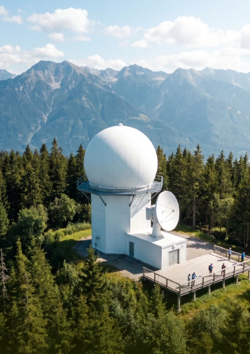 This weather radar station is situated above a beautiful forest in the ...