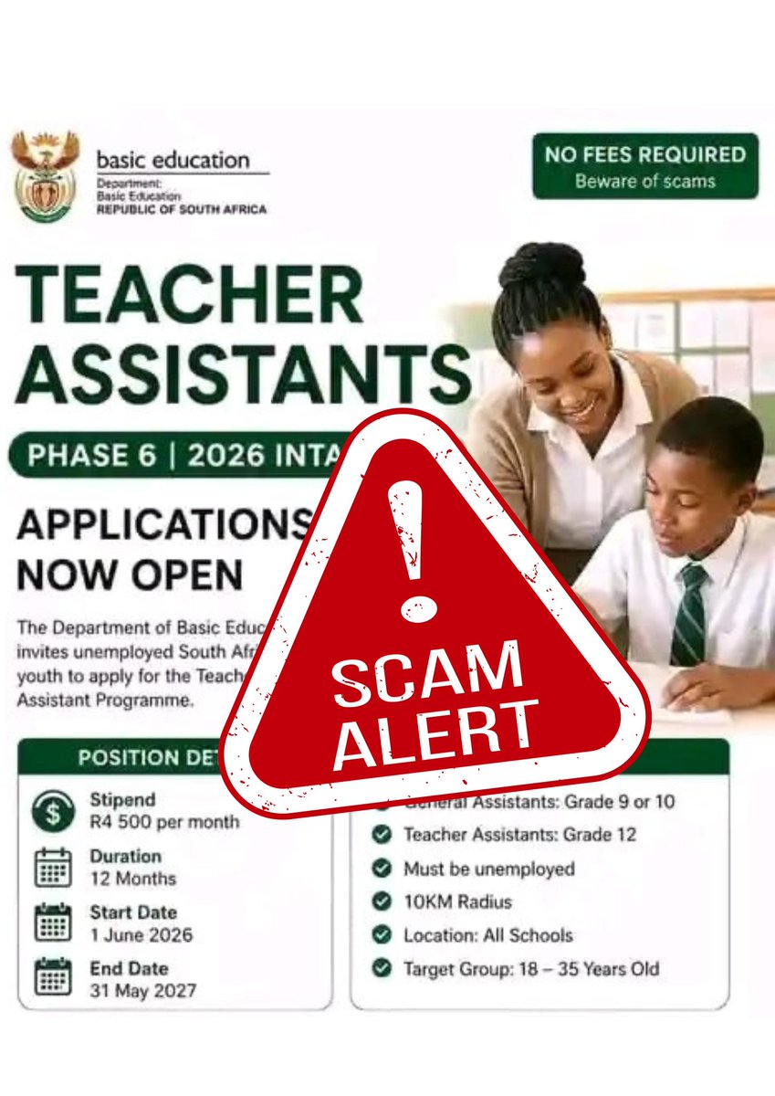DBE_KZN's tweet photo. SCAM ALERT: Fake Teacher Assistant Applications https://t.co/qpH8C6FdUQ