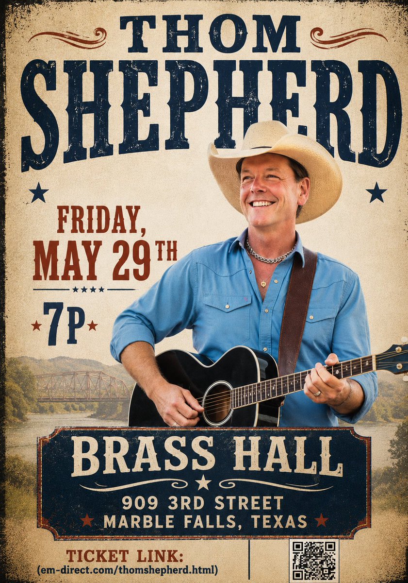 brasshall's tweet photo. ANNOUNCEMENT: @THOMSHEPHERD LIVE in Downtown Marble Falls on Friday, May 29th at @BrassHall, 7pm.  Ticket Link: (https://t.co/MVhd0ETfI1) #troprock https://t.co/Sw7sR6kMPs
