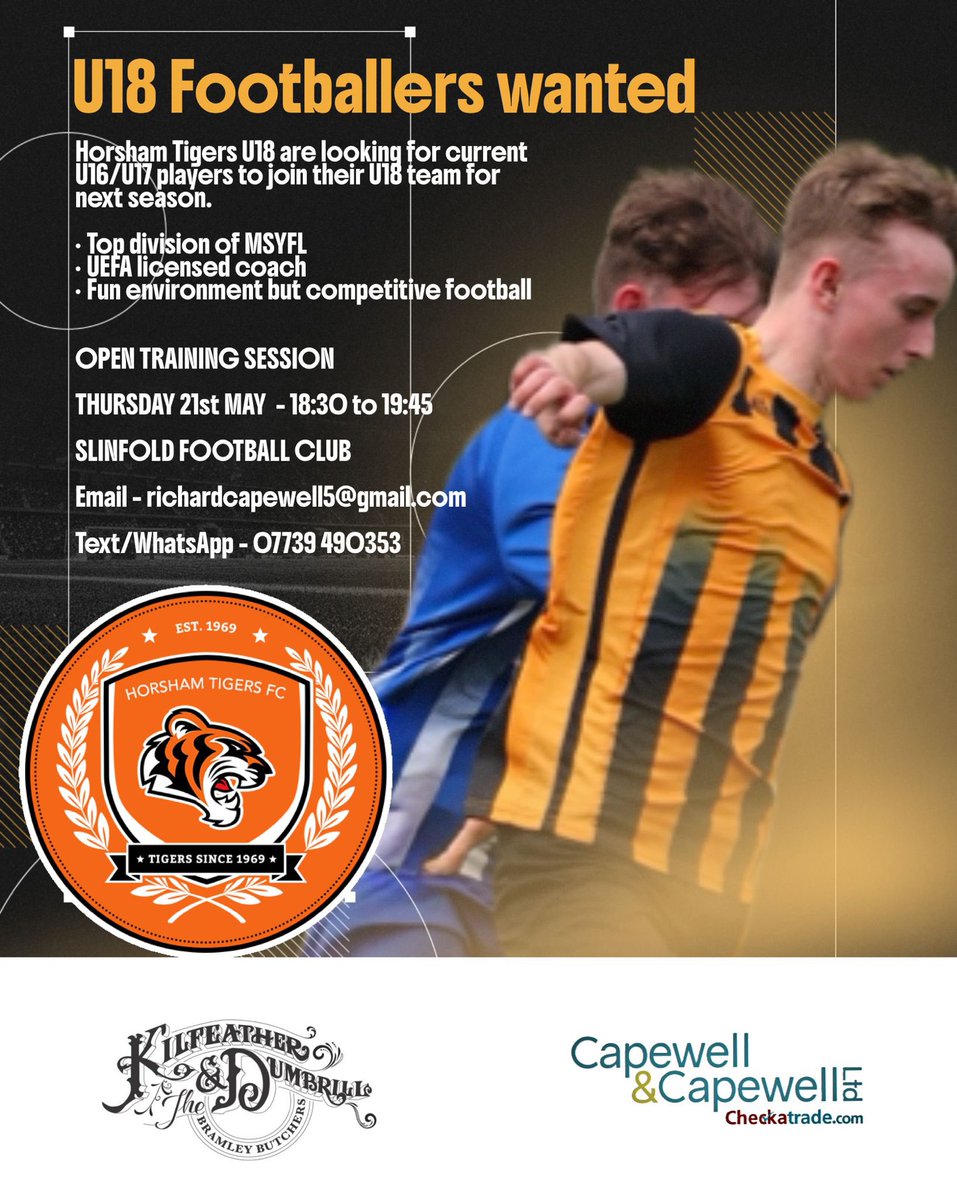 HorshamTigersFC's tweet photo. @HorshamTigersFC is holding U18s Open Training session. Thursday 21st, details below 👇 https://t.co/OQ5C8bT6cv