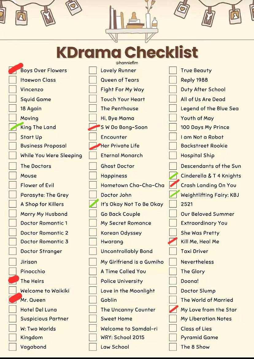 zeefaux's tweet photo. The green ticks mean DNF, not dropped. Most recent drama I finished was Bon Apetit, I enjoy it. Didn't watch the Touch Your Heart but I did watch Bora! Deborah, love it! https://t.co/SPA8nwDxlf