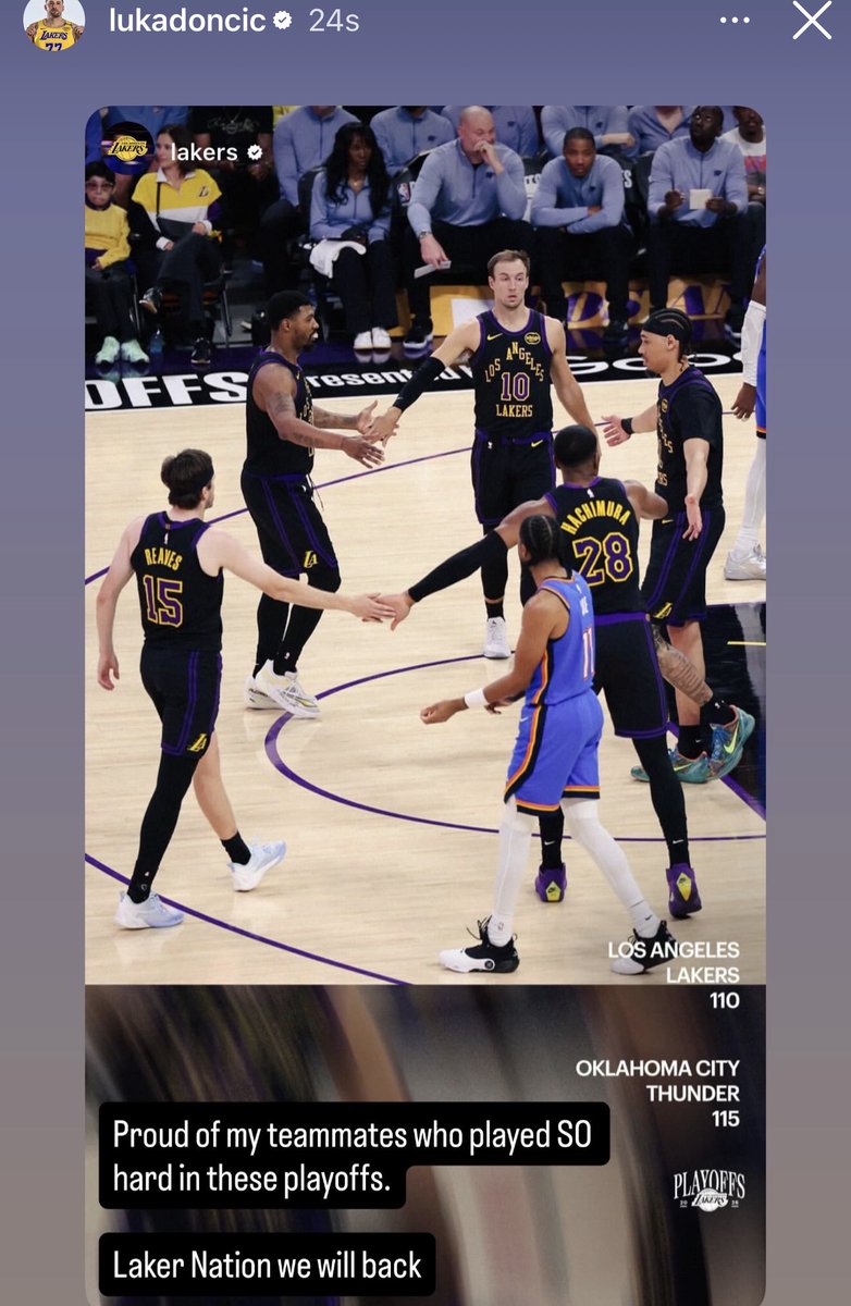 LukaUpdates's tweet photo. Luka IG story: 
Proud of my teammates who played SO hard in these playoffs.

Laker Nation we will be back

🔥 https://t.co/jSUxfAZnlB