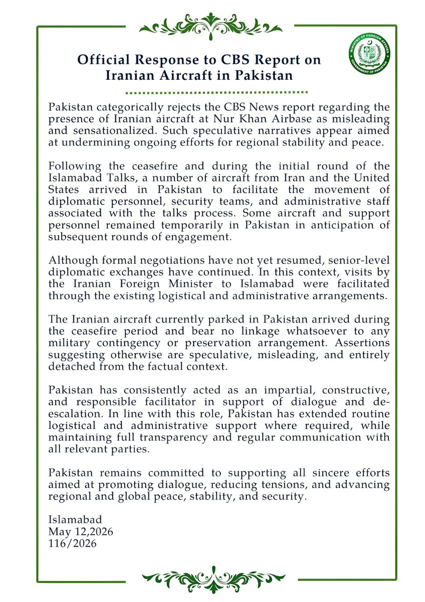 CNRUpdate's tweet photo. 🚨🚨🚨 Official Response to CBS Report on Iranian Aircraft in Pakistan
​Pakistan categorically rejects the CBS News report regarding the presence of Iranian aircraft at Nur Khan Airbase as misleading and sensationalized. Such speculative narratives appear aimed at undermining https://t.co/efaoLEhjhJ