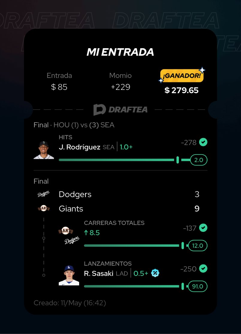WojtekBets's tweet photo. ✅ Mariners ML
✅ Over 8.5 SF vs LAD
✅ Julio Rodríguez Hit
✅ Roki Sasaki 0.5+ P

¿Quieres entrar al grupo? 📩🔥

#MLB #Apuestas #SportsBetting #Baseball #Parlays https://t.co/gaMv3QPVpO