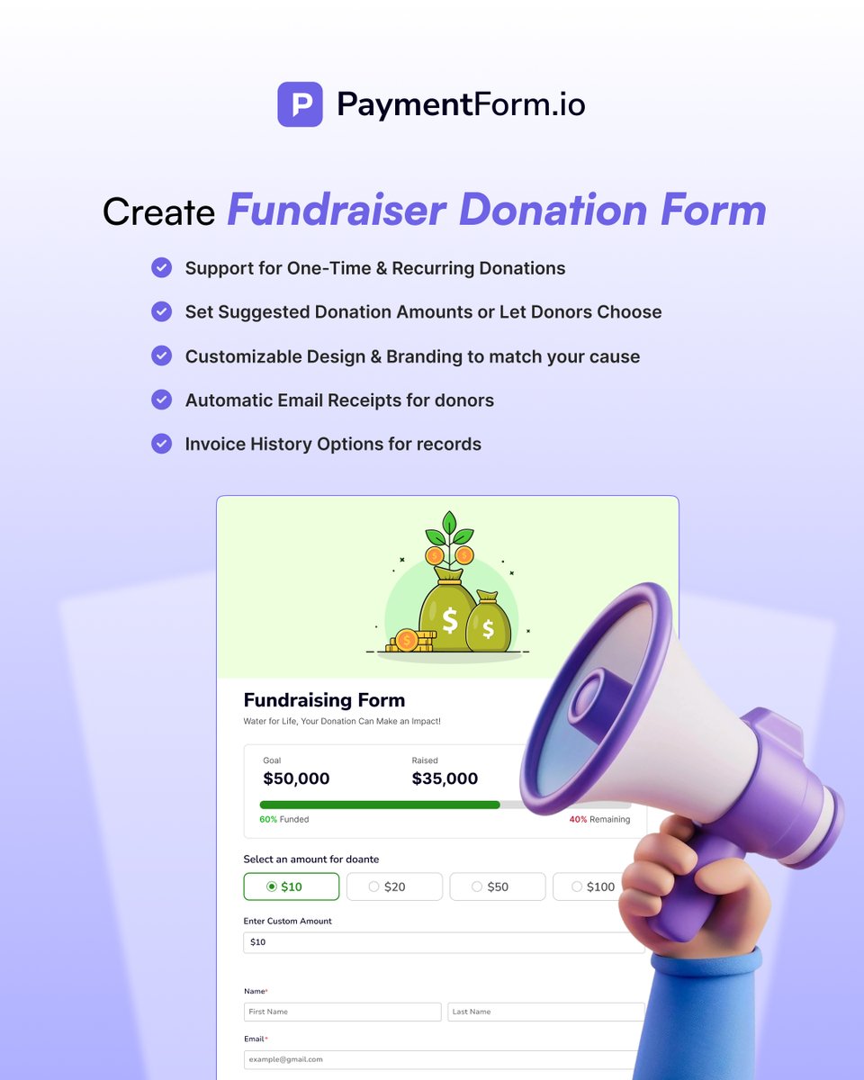 Paymentformio's tweet photo. Fundraising made simpler 💜
With https://t.co/RU9zyfAmTj, you can create #donationforms, accept one-time or #recurring donations, set custom amounts, send receipts, and share your form link anywhere.
No #website needed.
#Fundraising #Donation #Form #PaymentForm https://t.co/OlLWAarFoY