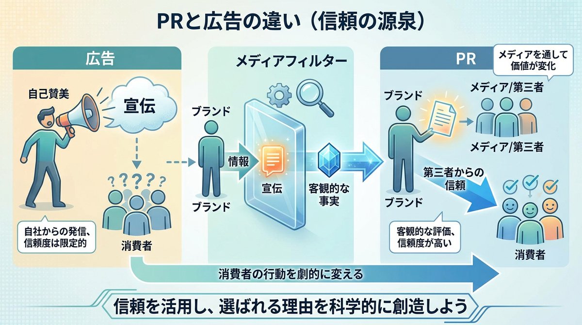 Frontier_C's tweet photo. 【PRと広告の違い】
広告は自画自賛ですが、PRは第三者からの信頼です。メディアというフィルターを通ることで、情報の価値は「宣伝」から「客観的な事実」に変わります。信頼を味方につけ、選ばれる理由を科学的に作りましょう。相談はプロフから✨ #広報 #信頼 https://t.co/o3hiiZ6kPf