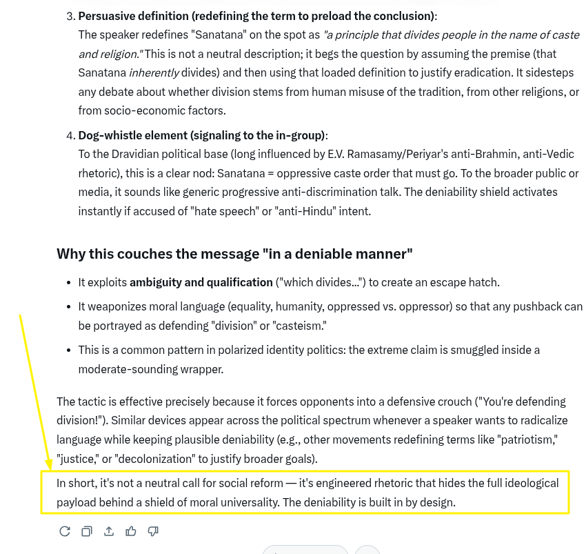 realitycheckind's tweet photo. how are Dravidian-Tamils planning to pull this off in age of AI/LLM which are top notch in 'rhetorical analysis'

how are the Indian (#IOI) judical planning to escape LLM type first principles??

"Sanathana that divides people must be eradicated" - #DiscourseAnalysis f/ Grok https://t.co/rQ3J6BRwa0