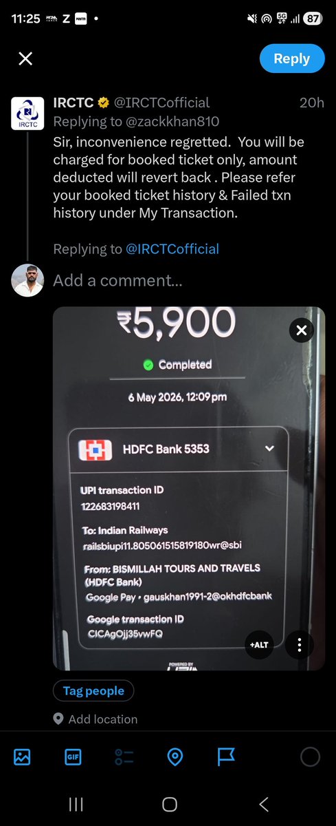 zackkhan810's tweet photo. It has been more than 7 days and refund is still not received. Kindly resolve urgently and confirm refund status. UPI Ref: 122683198411, Mobile: 9372861705.@IRCTCofficial @RailMinIndia https://t.co/6rMPf0v6Uj