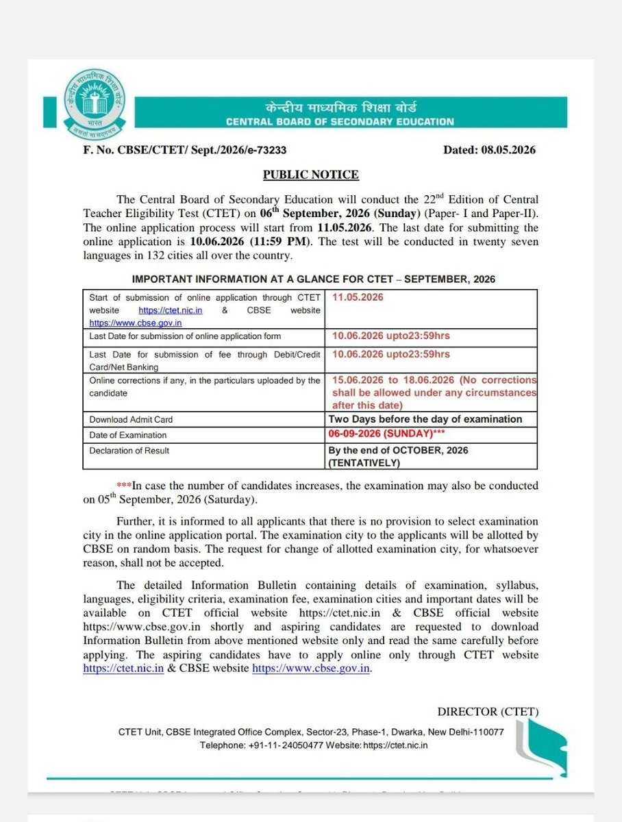 ParasKhatrii's tweet photo. CTET September 2026 Notice Out 

✅ Apply Online: 11 May to 10 June 2026
✅ Correction Window: 15 to 18 June 2026
✅ Exam Date: 06 September 2026
#ctet #cbse https://t.co/2ql11xWWnB
