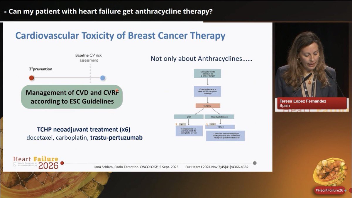 slumberbell's tweet photo. 🫀Can a patient with #HeartFailure still receive #anthracycline therapy?

Excellent & highly practical overview by @TeresaLpezFdez1 @ESCardioOnco at #HeartFailure26:

📍The heart-cancer connection goes far beyond CTR-CVT, HF & cancer share: common risk factors & pathways.

📍Before saying “yes” or “no” to #anthracyclines, ask 4 key questions:
- What is the HF phenotype?  
- What is the cancer priority/prognosis?  
- Are effective non-anthracycline alternatives available?  
- Can we reduce & closely monitor CV risk?

📍Anthracyclines are not always absolutely contraindicated in HF.
Some patients may still proceed with:
- optimized HF therapy  
- intensive surveillance  
- cardioprotection strategies  
- modified regimens

📍Management must be multidisciplinary.  
The goal is balancing cancer outcomes  & cardiovascular outcomes ⚖️

📍Sometimes the answer is:
✅ yes  
⚠️ yes, with modification & close monitoring  
❌ or no/alternative strategy

📍A really important reminder that modern cardio-oncology is no longer about simply stopping cancer therapy, but individualizing risk while preserving both cardiac &  oncologic outcomes

#CardioOncology @escardio