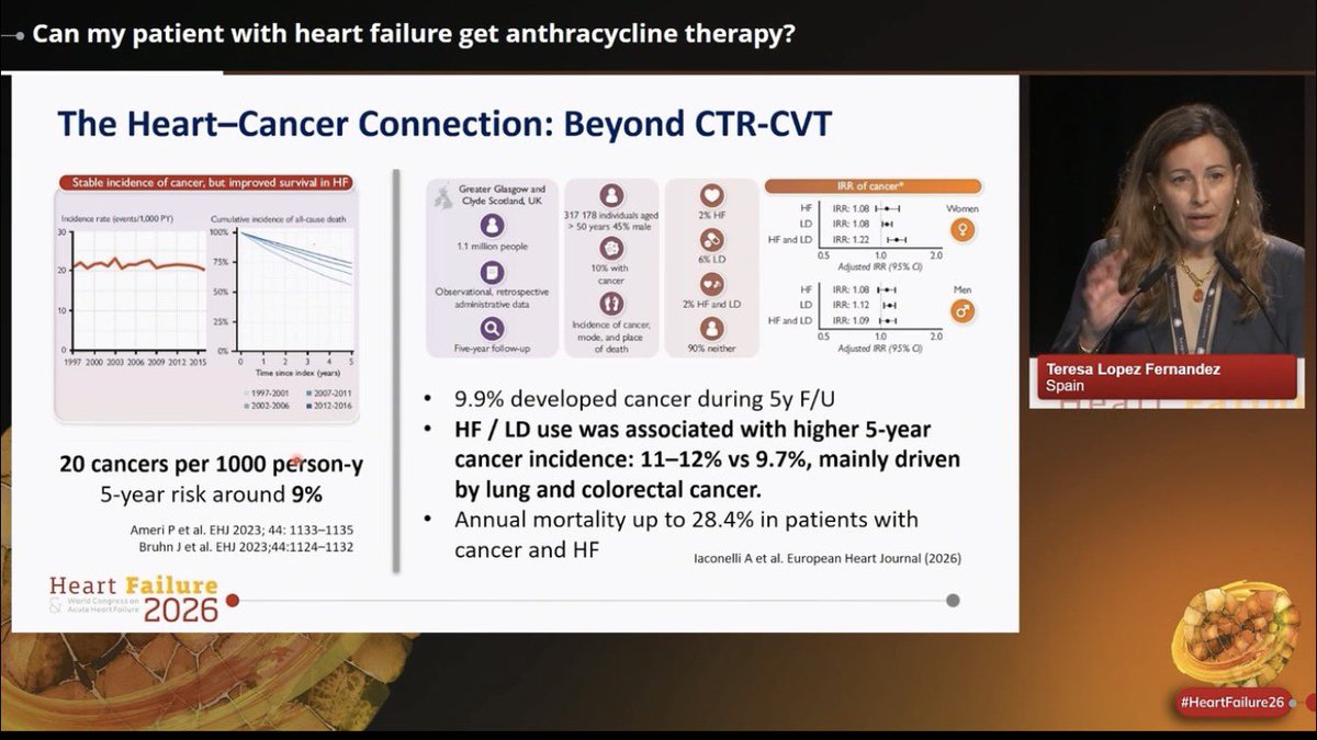 slumberbell's tweet photo. 🫀Can a patient with #HeartFailure still receive #anthracycline therapy?

Excellent & highly practical overview by @TeresaLpezFdez1 @ESCardioOnco at #HeartFailure26:

📍The heart-cancer connection goes far beyond CTR-CVT, HF & cancer share: common risk factors & pathways.

📍Before saying “yes” or “no” to #anthracyclines, ask 4 key questions:
- What is the HF phenotype?  
- What is the cancer priority/prognosis?  
- Are effective non-anthracycline alternatives available?  
- Can we reduce & closely monitor CV risk?

📍Anthracyclines are not always absolutely contraindicated in HF.
Some patients may still proceed with:
- optimized HF therapy  
- intensive surveillance  
- cardioprotection strategies  
- modified regimens

📍Management must be multidisciplinary.  
The goal is balancing cancer outcomes  & cardiovascular outcomes ⚖️

📍Sometimes the answer is:
✅ yes  
⚠️ yes, with modification & close monitoring  
❌ or no/alternative strategy

📍A really important reminder that modern cardio-oncology is no longer about simply stopping cancer therapy, but individualizing risk while preserving both cardiac &  oncologic outcomes

#CardioOncology @escardio