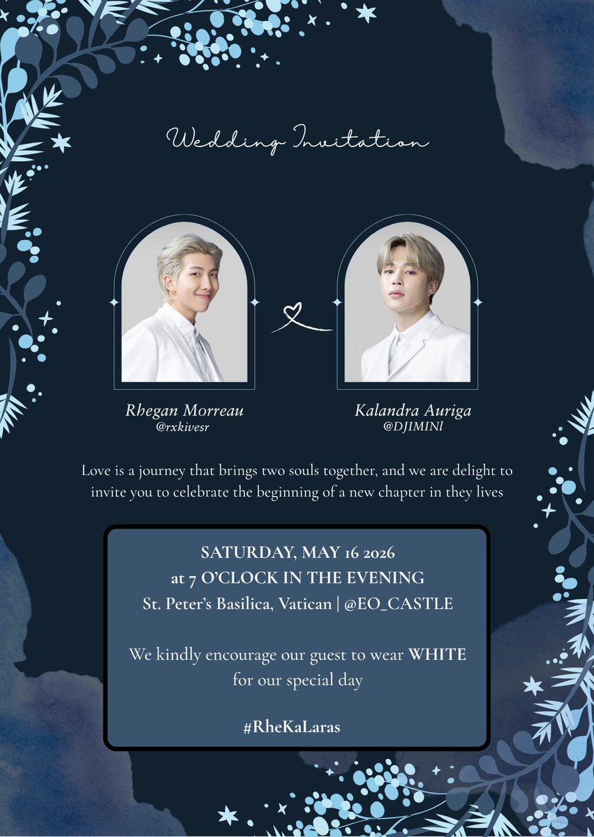 EO_CASTLE's tweet photo. ㅤ
❀⸙͎ In the presence of family and friends, Rhegan and Kalandra joyfully invite you to celebrate their union. 

@rxkivesr ♡ @DJIMINl
🗓 Saturday, May 16, 2026
🕖 7.00 PM
🏩 St. Peter’s Basilica, Vatican
🧥 White

#RheKaLaras
ᅠ ᅠ https://t.co/hQpt3pQEVZ