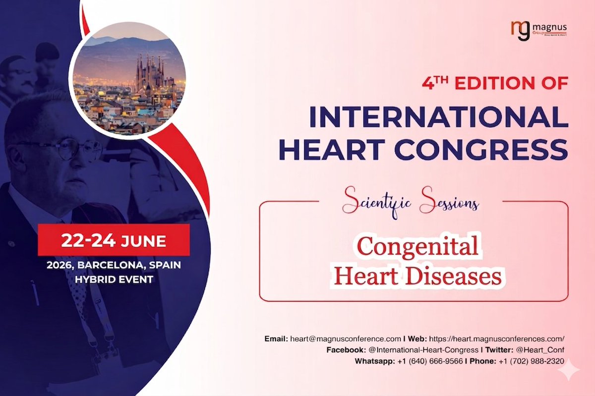 Heart_Conf's tweet photo. Join the @Heart_Conf, for an engaging session on Congenital Heart Diseases hosted by @magnus_group! Be part of a global event dedicated to heart health—don’t miss out!❤️
Dates: June 22 -24, 2026
Venue: Barcelona, Spain
#HeartCongress2026 https://t.co/SRopsgsB5r