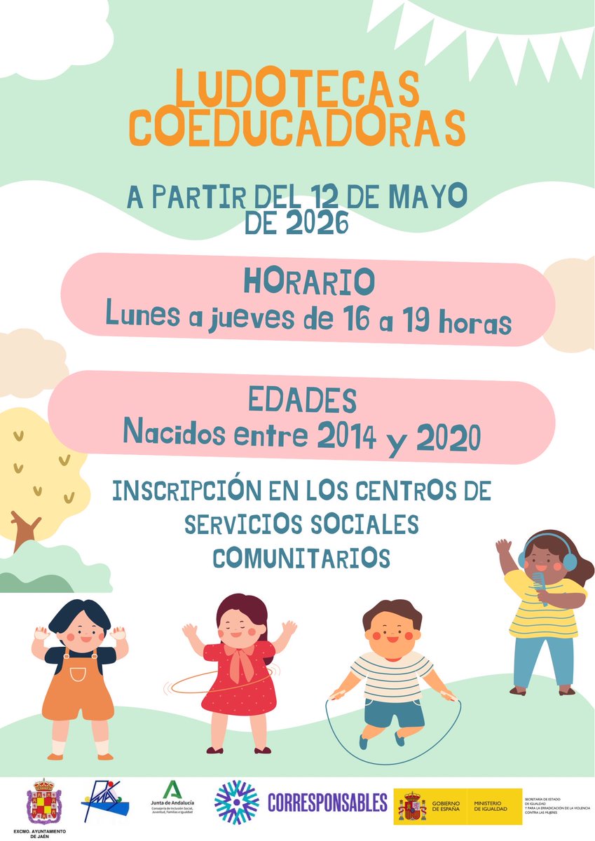 PmasJaen's tweet photo. 🎉👧🧒 ¡Comienzan las #LudotecasCoeducadoras! 💜💚

📅 Inicio: 12 de mayo de 2026

🕓 Horario
📌 Lunes a jueves
⏰ De 16:00 a 19:00 horas

🎈 Dirigido a
Niños y niñas nacidos entre 🗓️ 2014 y 2020

📝 Inscripciones
En los Centros Municipales Servicios Sociales Comunitarios 🏢 https://t.co/4rER2Tyqlm