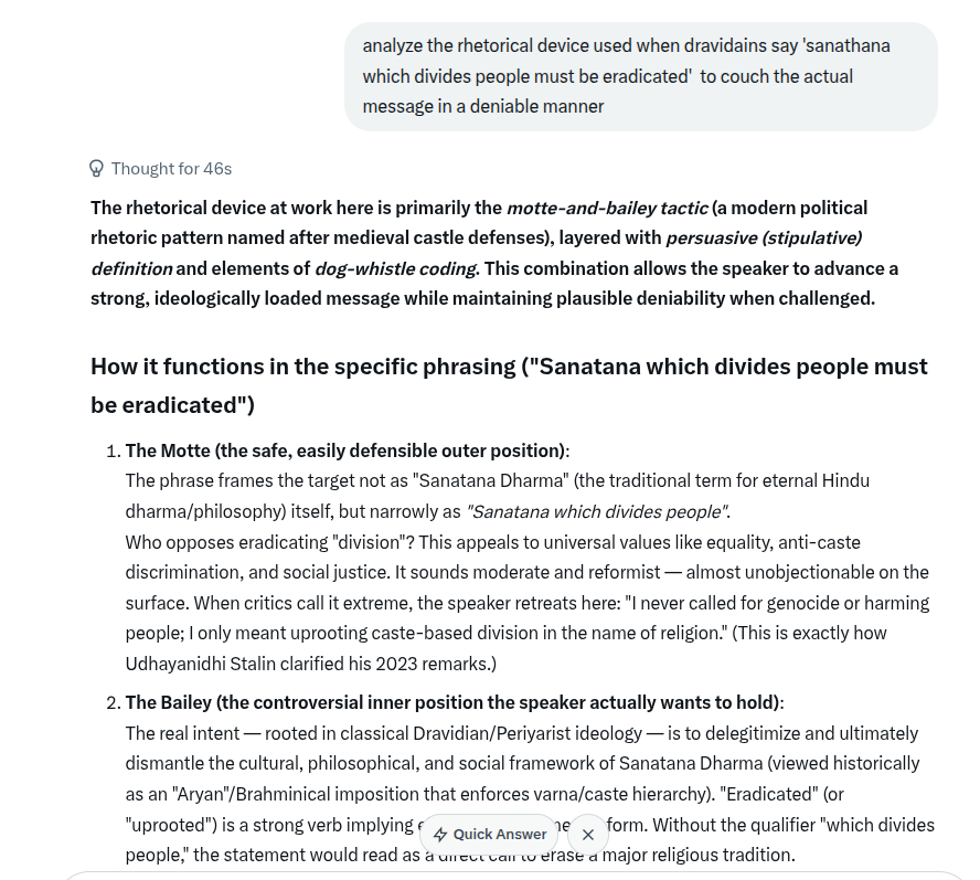 realitycheckind's tweet photo. how are Dravidian-Tamils planning to pull this off in age of AI/LLM which are top notch in 'rhetorical analysis'

how are the Indian (#IOI) judical planning to escape LLM type first principles??

"Sanathana that divides people must be eradicated" - #DiscourseAnalysis f/ Grok https://t.co/rQ3J6BRwa0