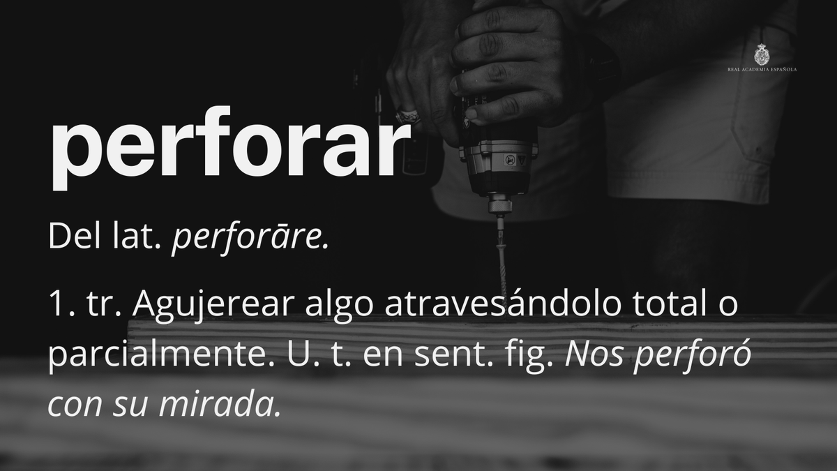 RAEinforma's tweet photo. #PalabraDelDía | perforar

En relación con la definición de esta palabra, aunque la forma más frecuente es «agujerear», también es válida la variante «agujerar», usada en algunas zonas de América: https://t.co/PWPbHteP6T. https://t.co/GsZNeflEKg