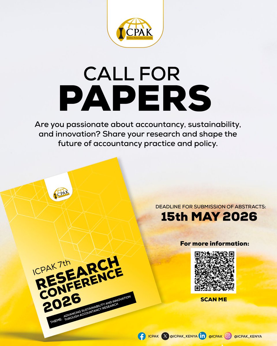 ICPAK_Kenya's tweet photo. Deadline Extended! 📢
You now have more time to submit your research papers for the #ICPAK7thResearchConf.

Share innovative ideas, research findings, and thought leadership that will help shape the future of the accountancy profession and broader economic landscape. Scan the Qr Code for more information! ^CA
