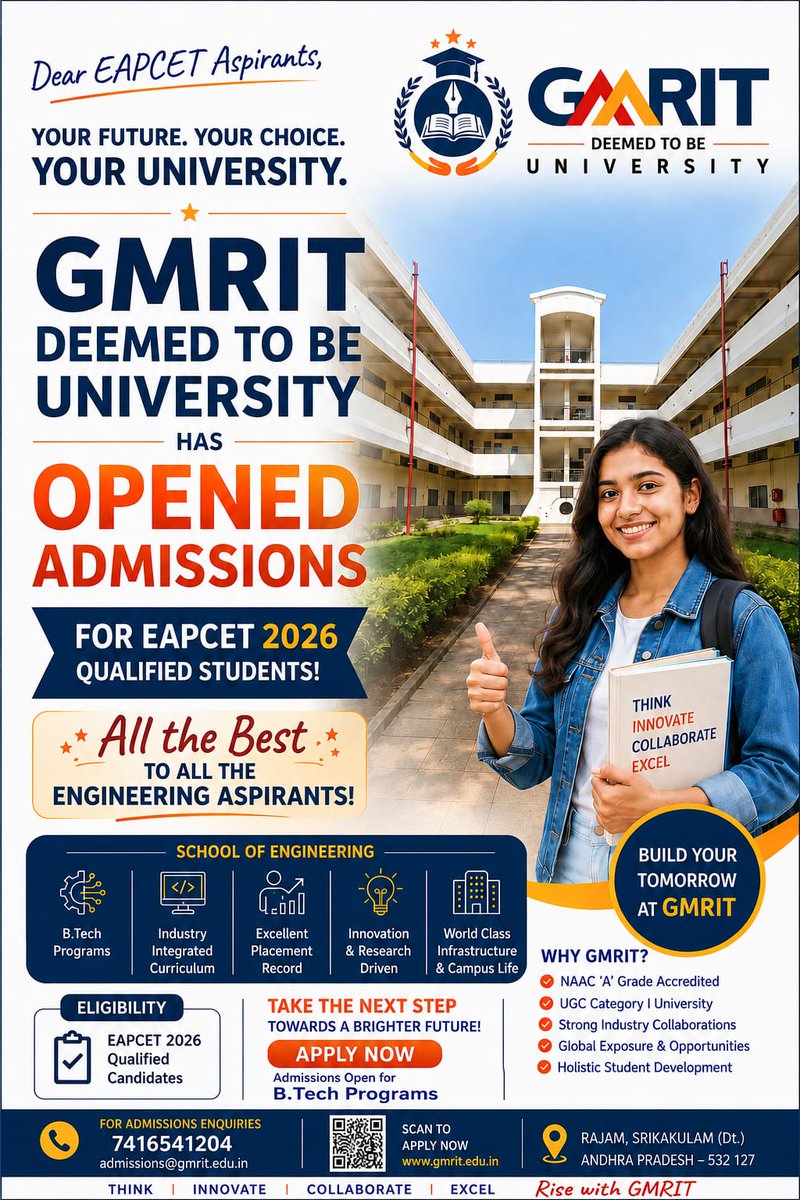 gmritdu's tweet photo. 🎓✨ Admissions Open for EAPCET-2026 Qualified Students! ✨🎓

📢 Admissions Open for https://t.co/jOUTeEHbTm Programs
Contact: 7416541204
📧 admissions@gmrit.edu.in

🌐 https://t.co/gRmHhriTCn

#gmrit #gmritdu #gmritdeemedtobeuniversity #AdmissionsOpen #EAPCET2026 #GMRITDU https://t.co/u7eLzh3bmk